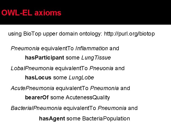 OWL-EL axioms using Bio. Top upper domain ontology: http: //purl. org/biotop Pneumonia equivalent. To