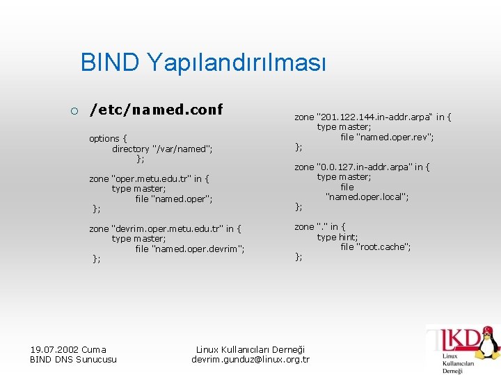 BIND Yapılandırılması ¡ /etc/named. conf options { directory "/var/named"; }; zone "201. 122. 144.