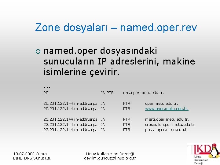 Zone dosyaları – named. oper. rev ¡ named. oper dosyasındaki sunucuların IP adreslerini, makine