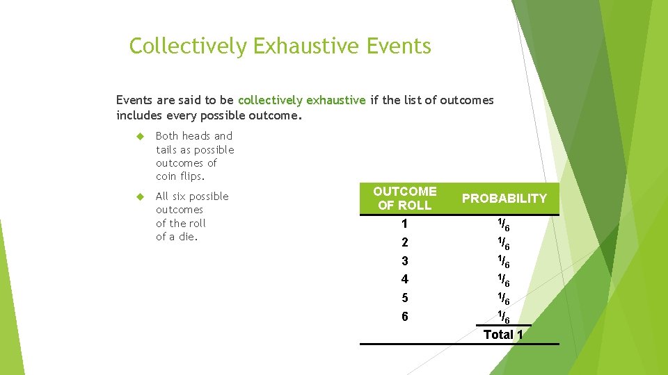 Collectively Exhaustive Events are said to be collectively exhaustive if the list of outcomes