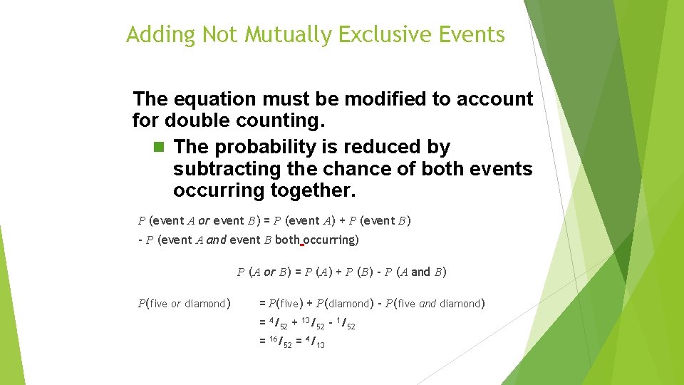Adding Not Mutually Exclusive Events The equation must be modified to account for double