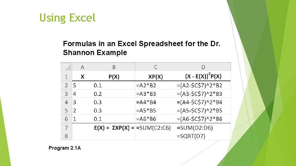 Using Excel Formulas in an Excel Spreadsheet for the Dr. Shannon Example Program 2.