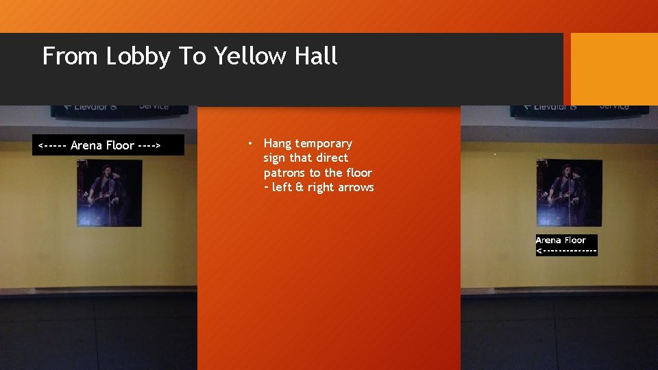 From Lobby To Yellow Hall <----- Arena Floor ----> • Hang temporary sign that
