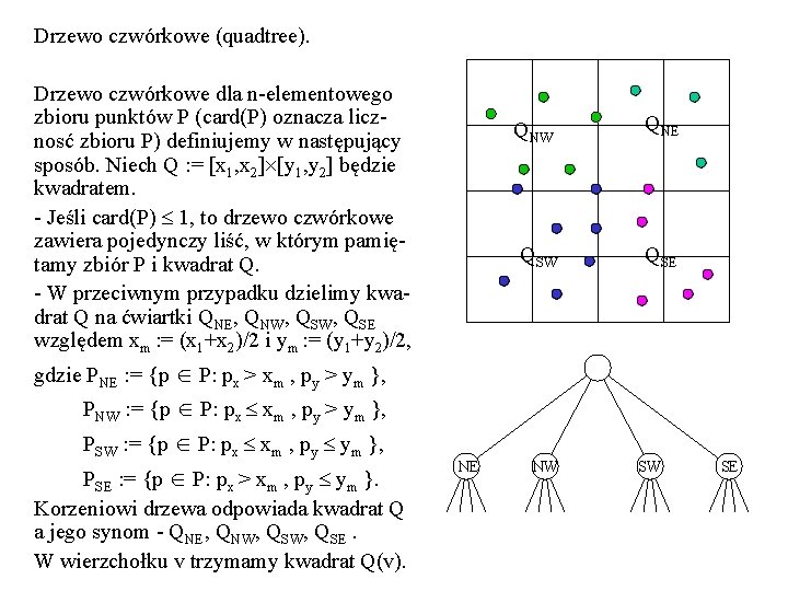 Drzewo czwórkowe (quadtree). Drzewo czwórkowe dla n-elementowego zbioru punktów P (card(P) oznacza licznosć zbioru