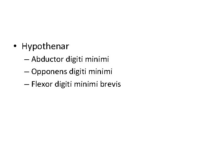  • Hypothenar – Abductor digiti minimi – Opponens digiti minimi – Flexor digiti