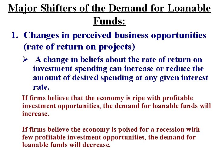 Major Shifters of the Demand for Loanable Funds: 1. Changes in perceived business opportunities