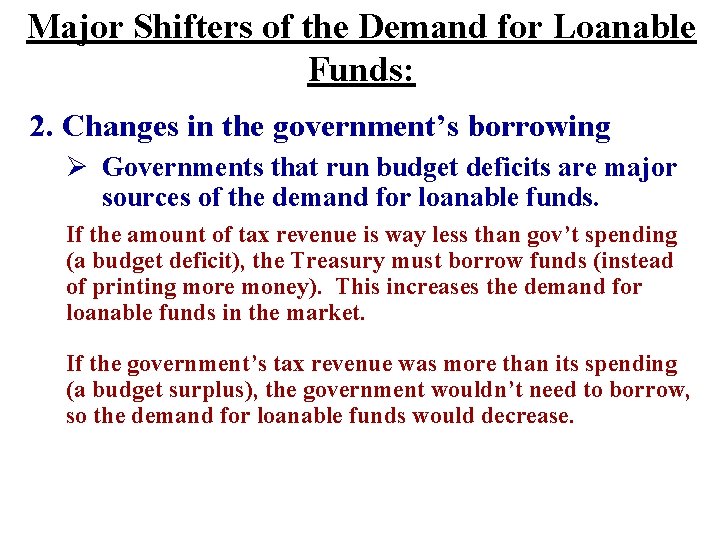 Major Shifters of the Demand for Loanable Funds: 2. Changes in the government’s borrowing