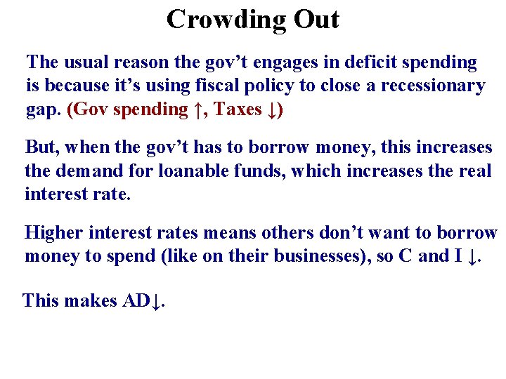 Crowding Out The usual reason the gov’t engages in deficit spending is because it’s