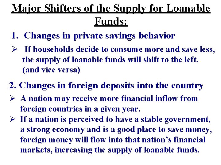 Major Shifters of the Supply for Loanable Funds: 1. Changes in private savings behavior