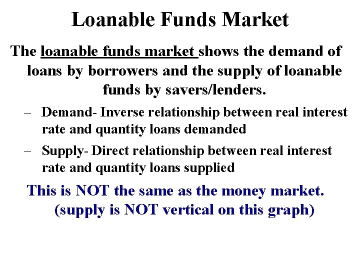 Loanable Funds Market The loanable funds market shows the demand of loans by borrowers