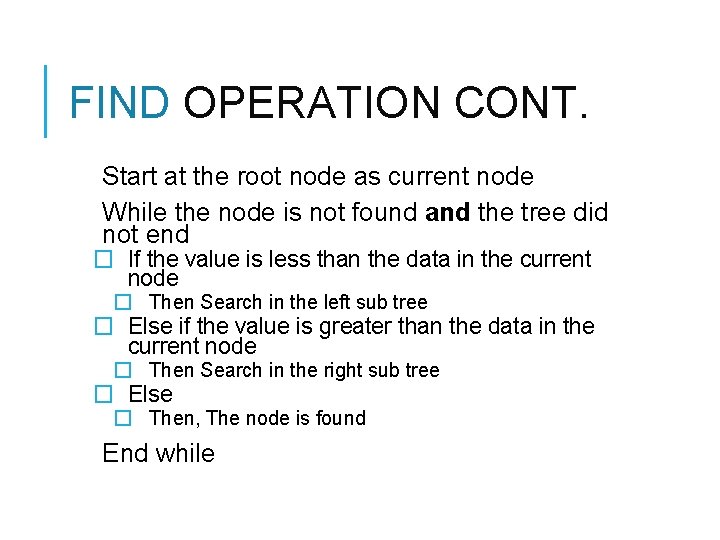 FIND OPERATION CONT. Start at the root node as current node While the node FIND OPERATION CONT. Start at the root node as current node While the node