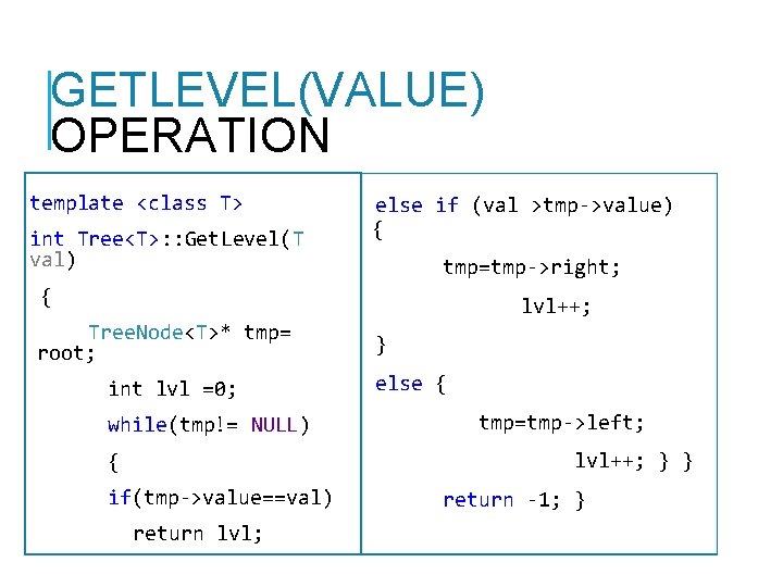 GETLEVEL(VALUE) OPERATION template <class T> int Tree<T>: : Get. Level(T val) else if (val GETLEVEL(VALUE) OPERATION template <class T> int Tree<T>: : Get. Level(T val) else if (val