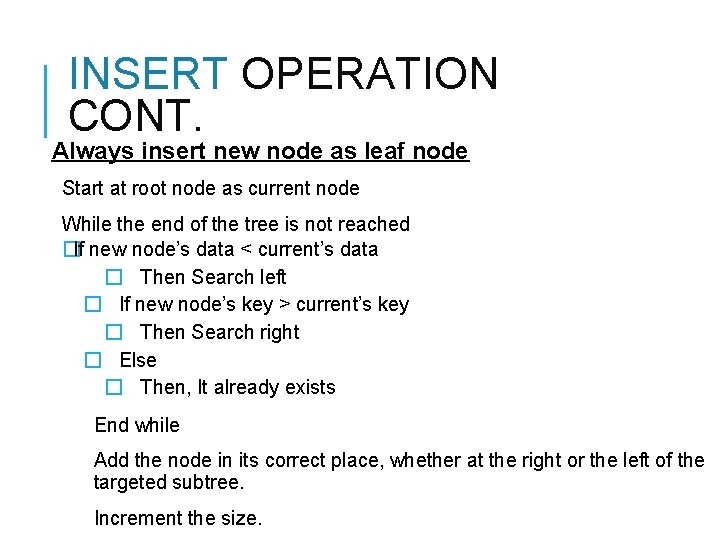 INSERT OPERATION CONT. Always insert new node as leaf node Start at root node INSERT OPERATION CONT. Always insert new node as leaf node Start at root node