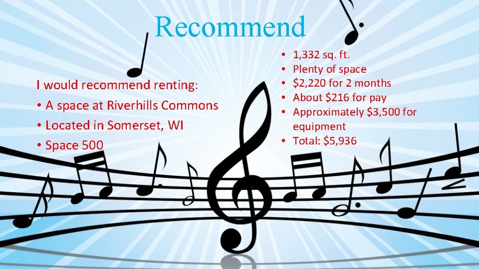 Recommend I would recommend renting: • A space at Riverhills Commons • Located in