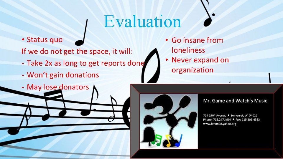 Evaluation • Status quo If we do not get the space, it will: -