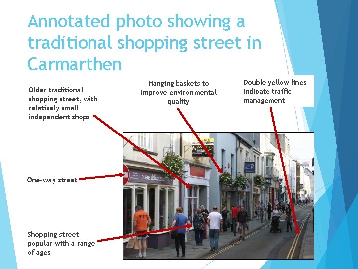Annotated photo showing a traditional shopping street in Carmarthen Older traditional shopping street, with