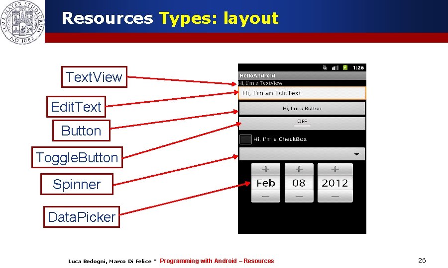 Resources Types: layout Text. View Edit. Text Button Toggle. Button Spinner Data. Picker Luca