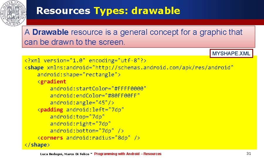Resources Types: drawable A Drawable resource is a general concept for a graphic that