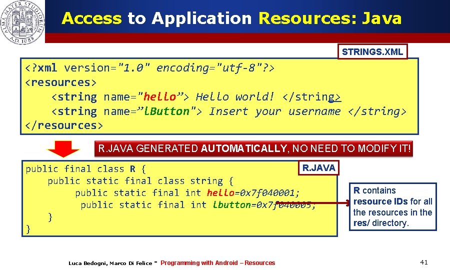 Access to Application Resources: Java STRINGS. XML <? xml version="1. 0" encoding="utf-8"? > <resources>