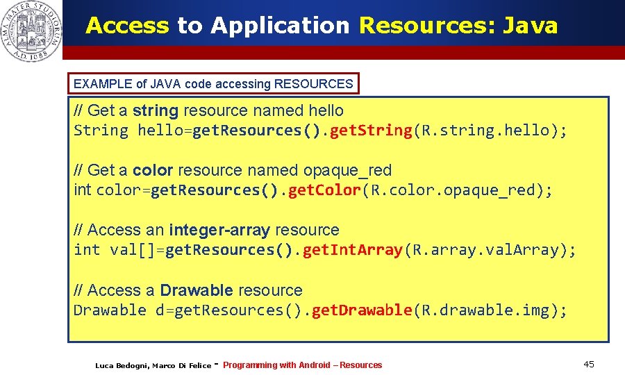 Access to Application Resources: Java EXAMPLE of JAVA code accessing RESOURCES // Get a