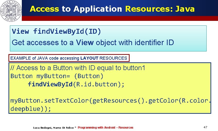 Access to Application Resources: Java View find. View. By. Id(ID) Get accesses to a