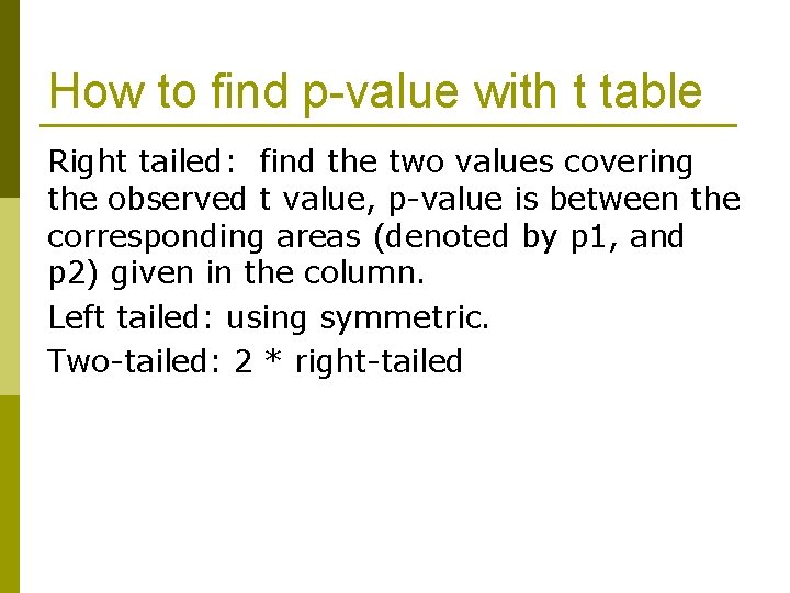 How to find p-value with t table Right tailed: find the two values covering