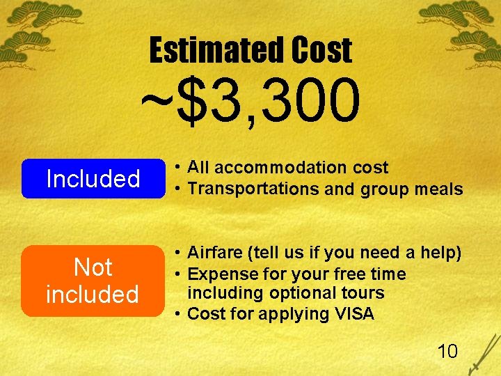 Estimated Cost ~$3, 300 Included • All accommodation cost • Transportations and group meals