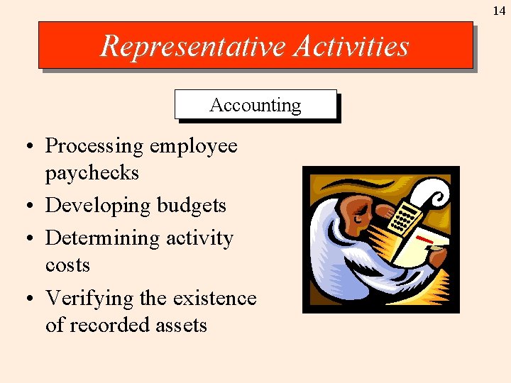 14 Representative Activities Accounting • Processing employee paychecks • Developing budgets • Determining activity