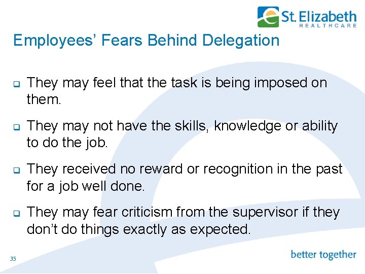 Employees’ Fears Behind Delegation q q 35 They may feel that the task is