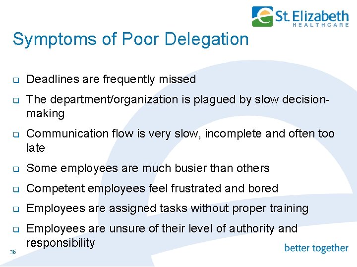 Symptoms of Poor Delegation q q q Deadlines are frequently missed The department/organization is