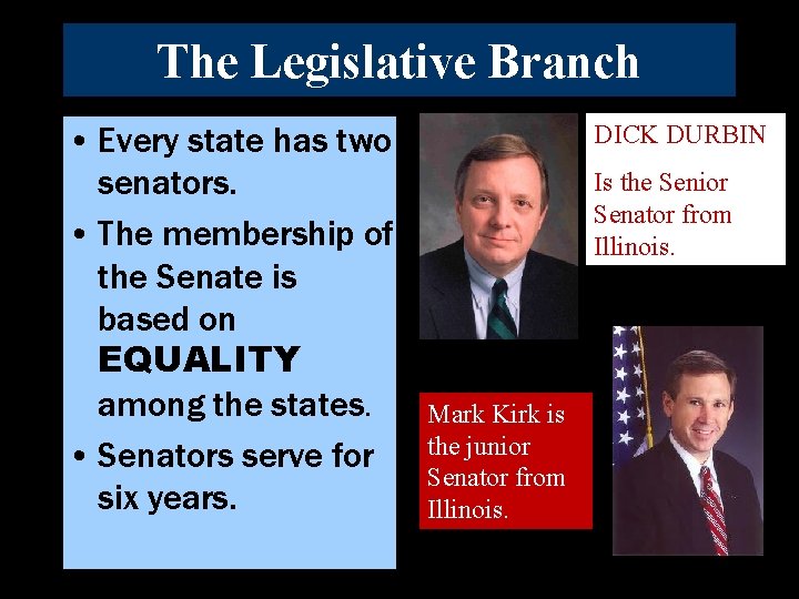 The Legislative Branch • Every state has two senators. • The membership of the