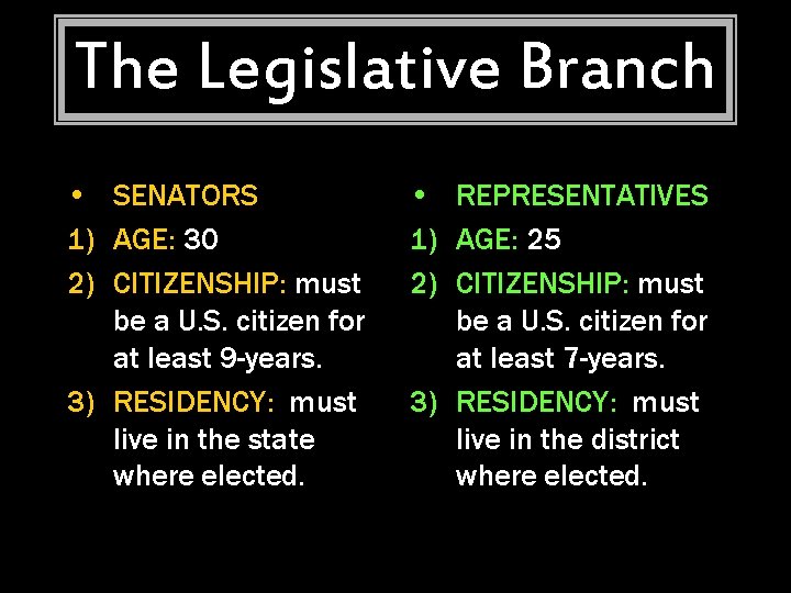 The Legislative Branch • SENATORS 1) AGE: 30 2) CITIZENSHIP: must be a U.