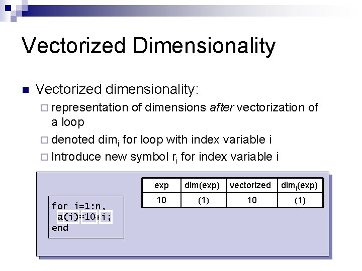Vectorized Dimensionality n Vectorized dimensionality: ¨ representation of dimensions after vectorization of a loop