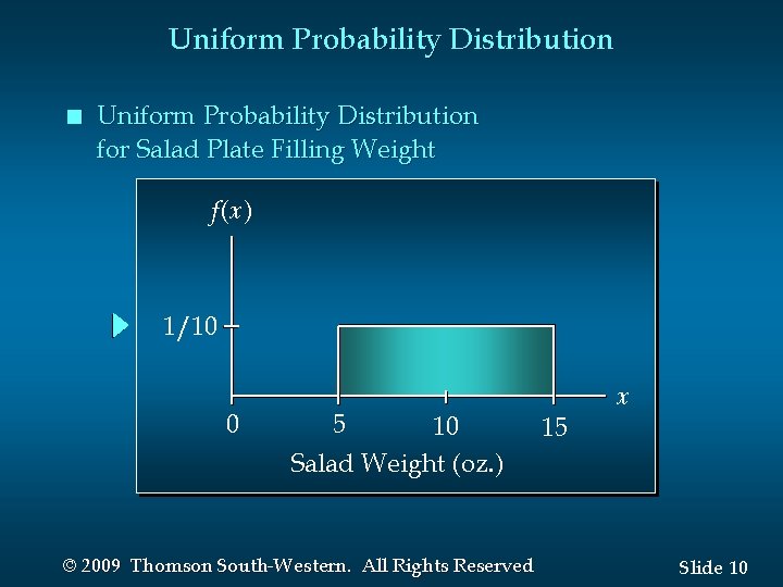 Uniform Probability Distribution n Uniform Probability Distribution for Salad Plate Filling Weight f(x) 1/10