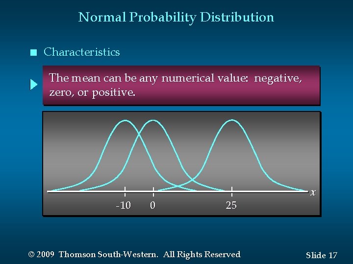 Normal Probability Distribution n Characteristics The mean can be any numerical value: negative, zero,