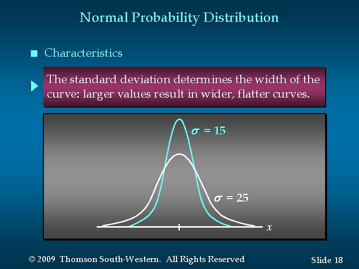 Normal Probability Distribution n Characteristics The standard deviation determines the width of the curve: