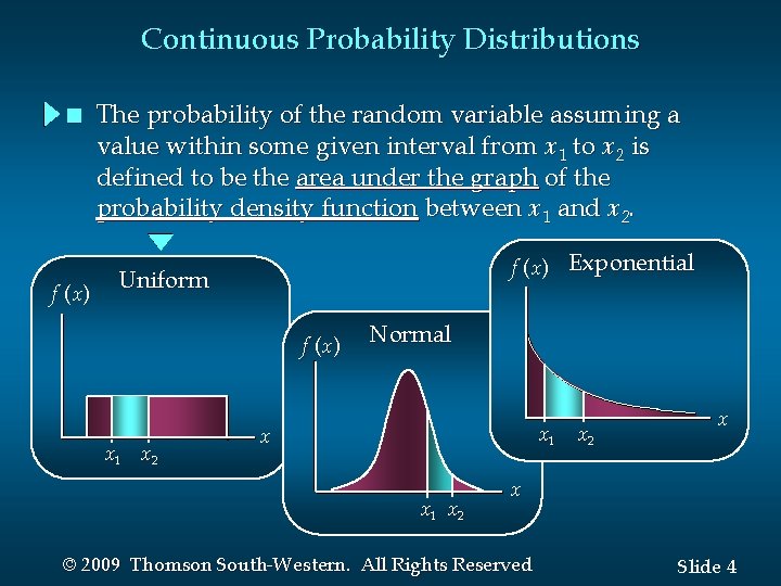 Continuous Probability Distributions n f (x) The probability of the random variable assuming a