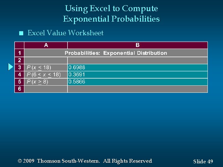Using Excel to Compute Exponential Probabilities n Excel Value Worksheet © 2009 Thomson South-Western.