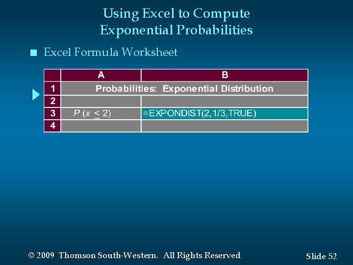 Using Excel to Compute Exponential Probabilities n Excel Formula Worksheet © 2009 Thomson South-Western.