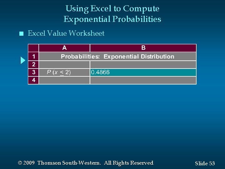 Using Excel to Compute Exponential Probabilities n Excel Value Worksheet © 2009 Thomson South-Western.