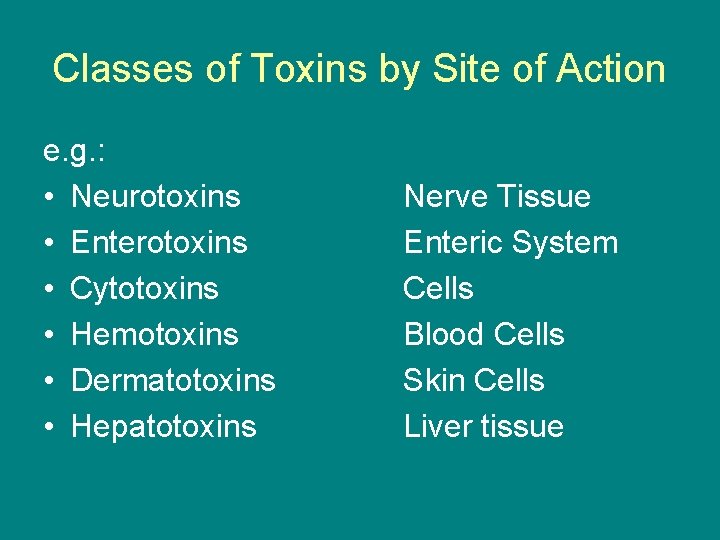 Classes of Toxins by Site of Action e. g. : • Neurotoxins • Enterotoxins