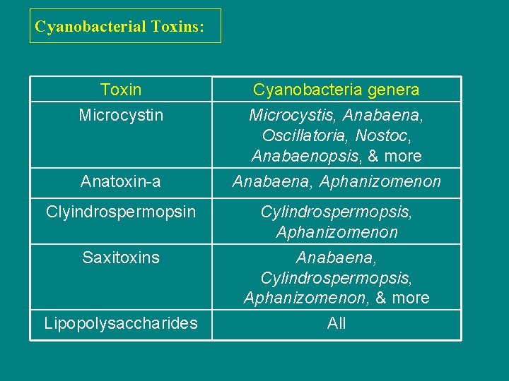 Cyanobacterial Toxins: Cyanobacteria can produce a wide array of neurotoxins, liver toxins, cell toxins