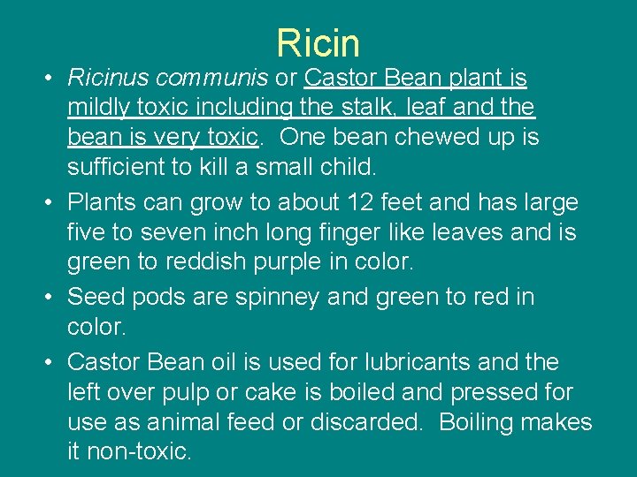 Ricin • Ricinus communis or Castor Bean plant is mildly toxic including the stalk,