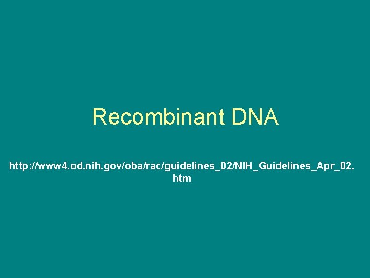 Recombinant DNA http: //www 4. od. nih. gov/oba/rac/guidelines_02/NIH_Guidelines_Apr_02. htm 