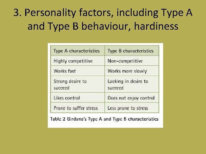 3. Personality factors, including Type A and Type B behaviour, hardiness 