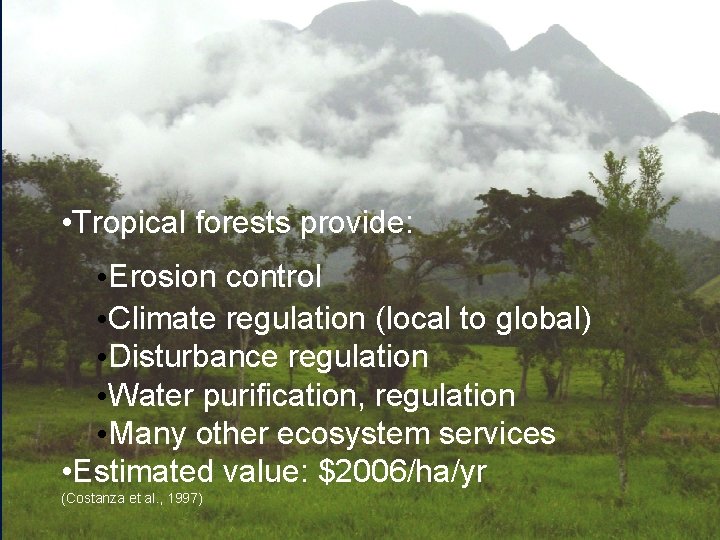  • Tropical forests provide: • Erosion control • Climate regulation (local to global)