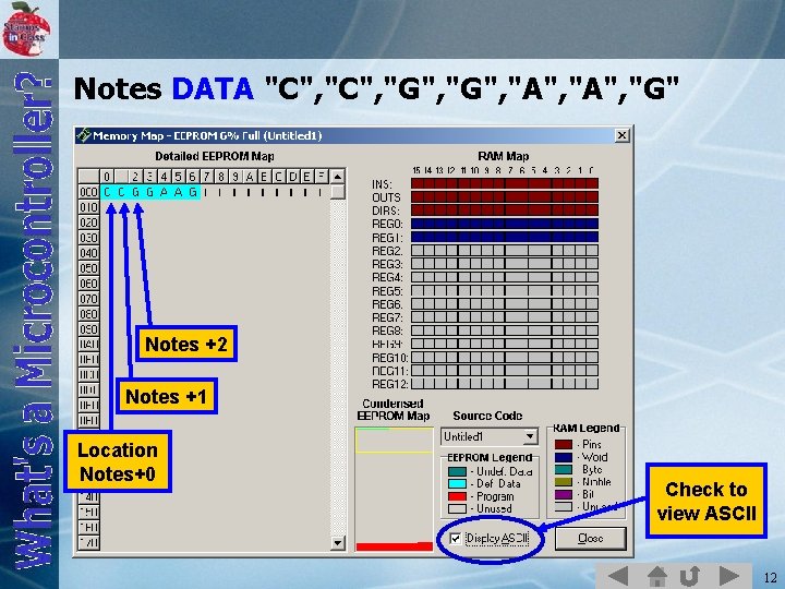 Notes DATA "C", "G", "A", "G" Notes +2 Notes +1 Location Notes+0 Check to