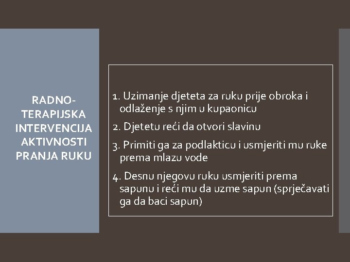 RADNOTERAPIJSKA INTERVENCIJA AKTIVNOSTI PRANJA RUKU 1. Uzimanje djeteta za ruku prije obroka i odlaženje