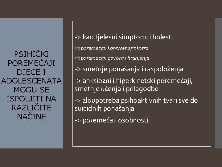 -> kao tjelesni simptomi i bolesti PSIHIČKI POREMEĆAJI DJECE I ADOLESCENATA MOGU SE ISPOLJITI