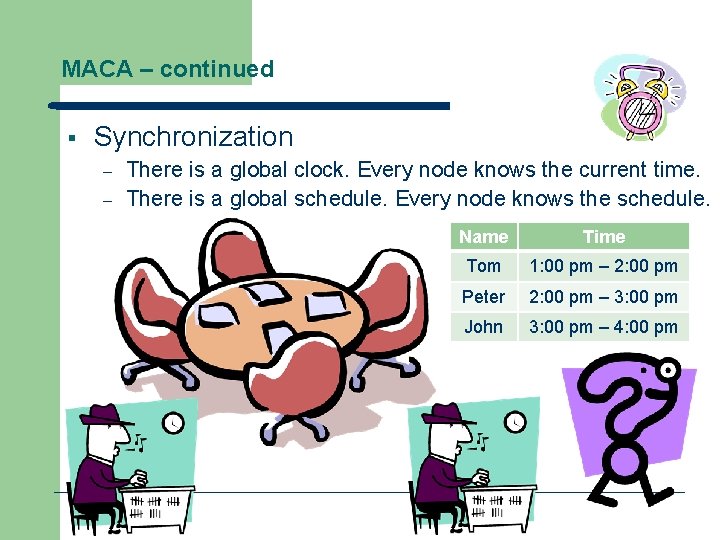 MACA – continued § Synchronization – – There is a global clock. Every node